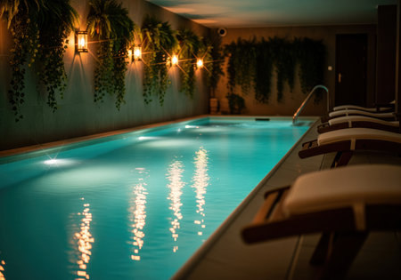 Luxurious indoor spa pool captured at night, featuring warm lantern lighting reflecting on the turquoise water surface, complemented by lush green hanging plants along the dark wall and a row of empty lounge chairs.の素材