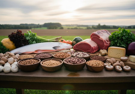 A wide variety of essential food groups including raw beef cuts, whole fish, assorted legumes, cheese, and fresh vegetables are arranged on a rustic wooden table set outdoors in a scenic agricultural field.の素材