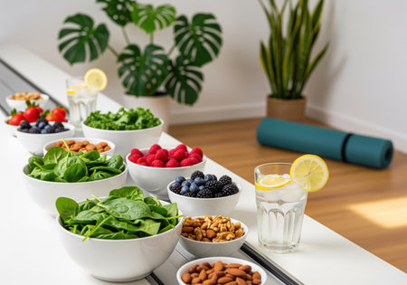 An arrangement of healthy foods in white bowls including fresh spinach berries and nuts alongside a glass of lemon water with a yoga mat in the background for a wellness concept.の素材