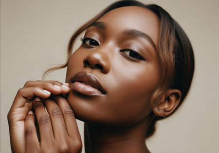 A stunning close up beauty portrait of a young black woman with perfectly smooth and glowing skin, featuring natural makeup and her hands gently resting near her chin, set against a neutral background.の素材