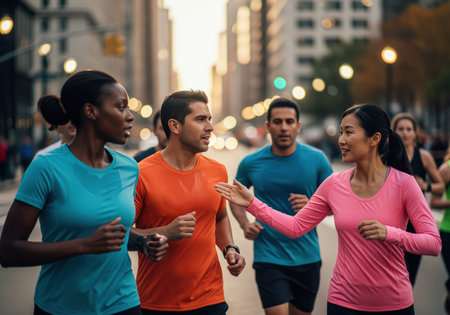 A multiethnic group of active friends in sportswear jogging and conversing together on a city street, training for a marathon and promoting a healthy, active lifestyle.の素材