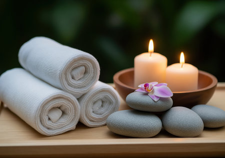 A tranquil spa arrangement on a wooden tray features rolled white towels, smooth gray massage stones topped with an orchid flower, and two lit pillar candles in a wooden bowl.の素材