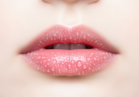 Extreme macro view of pink glossy lips covered in clear water drops, symbolizing deep hydration and freshness, ideal for advertising cosmetic products and lip care.の素材