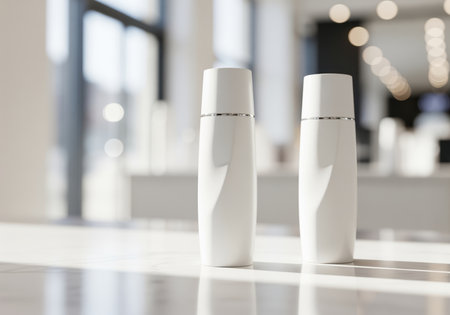 Two blank white cosmetic bottles stand on a reflective white surface, ideal for a skincare or beauty product packaging mockup with a clean, modern, and bright background.の素材