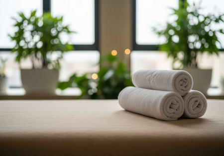 Three fresh white towels are neatly rolled and stacked on a beige massage table, set against a bright, naturally lit spa room background featuring large windows and potted green plants.の素材