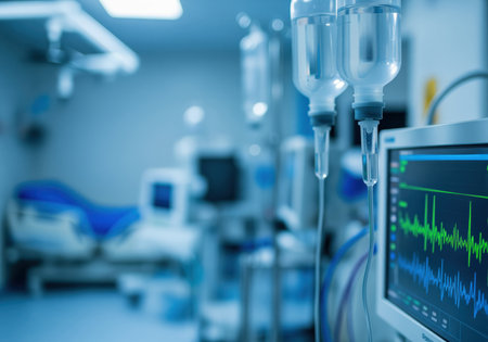 An intravenous drip with saline solution hangs next to a vital signs monitor showing an electrocardiogram in a modern hospital intensive care unit with a bed in the background.の素材