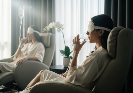Side view of a woman drinking water while receiving an IV drip treatment next to another patient in a modern wellness center, both wearing robes and eye masks.の素材