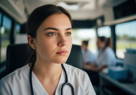 A focused young female healthcare professional wearing a uniform and stethoscope sits inside a mobile medical clinic bus, traveling to provide aid with her team in the background.の素材
