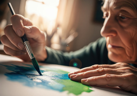 A close up view of an elderly woman experienced hands holding a paintbrush, applying blue and green watercolor paint to paper as part of a relaxing and creative hobby.の素材