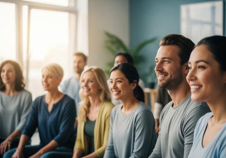 A diverse group of multiethnic men and women of different ages smiling and listening attentively during a professional development seminar, training session, or conference.の素材