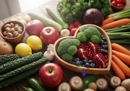 An abundant assortment of fresh organic fruits and vegetables on a wooden table, featuring a heart shaped bowl with broccoli, pomegranate, and blueberry for a healthy diet and wellness.の素材