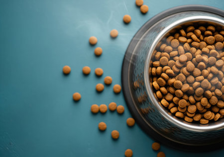A metal bowl full of nutritious dry kibble for a domestic animal, seen from a top down perspective with steam rising, representing a healthy diet for a cat or dog.の素材