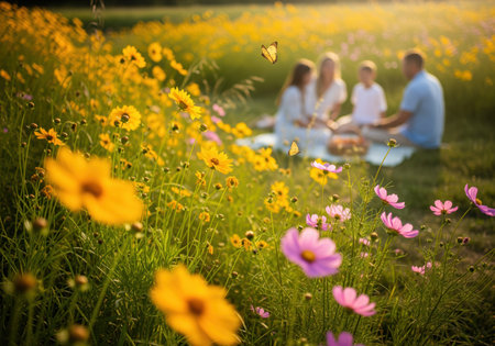 A family with two children enjoys a summer picnic on a blanket in a sunlit meadow, surrounded by vibrant yellow and pink wildflowers and fluttering butterflies in warm golden light.の素材