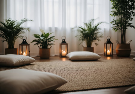 A tranquil meditation room prepared for a yoga or wellness session featuring soft floor cushions, a natural fiber rug, glowing candles in lanterns, and lush green houseplants.の素材