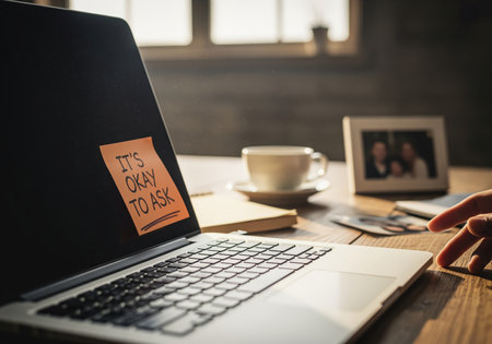An orange sticky note displaying the handwritten message its okay to ask is attached to a laptop screen resting on a wooden desk next to a coffee cup and a framed photograph in a warm home office environment.の素材