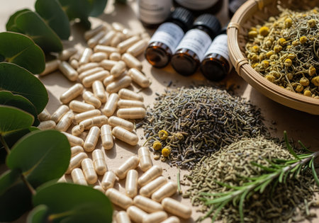 A collection of natural remedies including herbal supplement capsules, dried chamomile in a basket, lavender, rosemary, and eucalyptus leaves with essential oil bottles.の素材