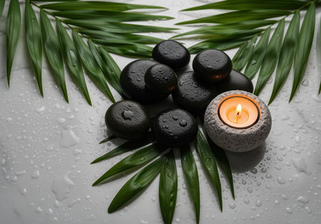 A tranquil spa setting for relaxation and wellness featuring black basalt hot stones for massage a lit aromatherapy candle and a green palm frond on a wet white marble surface.の素材