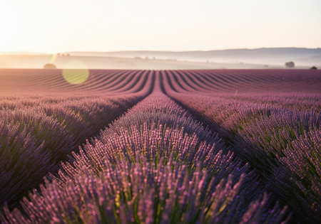 Expansive field of vibrant purple lavender flowers growing in symmetrical rows across the countryside, bathed in the soft warm glow of a beautiful and hazy sunset.の素材
