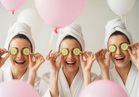A group of three cheerful young women in white bathrobes and head towels laugh while holding fresh cucumber slices over their eyes during a fun bachelorette spa party.の素材