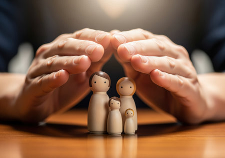 A man hands are cupped protectively over a small family of wooden figures on a table, symbolizing family insurance, safety, security, care, and financial planning for the future.の素材