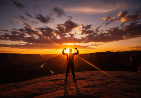A triumphant man silhouette stands on a rugged mountain summit, flexing his arms in a powerful stance against a dramatic golden sunset sky with a bright sunburst over a vast canyon landscape.の素材