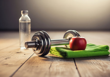 Fitness and healthy lifestyle concept showing gym equipment with a dumbbell, a bottle of water for hydration, a towel, and a red apple for nutrition on a wooden background.の素材