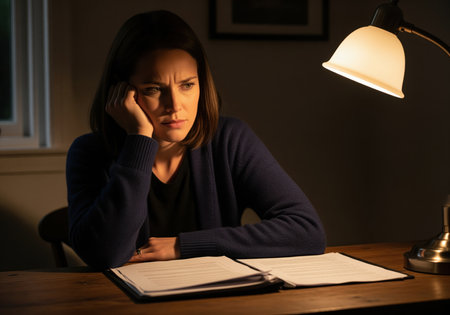 A stressed professional woman sits at a dark wooden desk illuminated by a warm desk lamp, resting her head on her hand while concentrating intensely on a stack of important documents.の素材