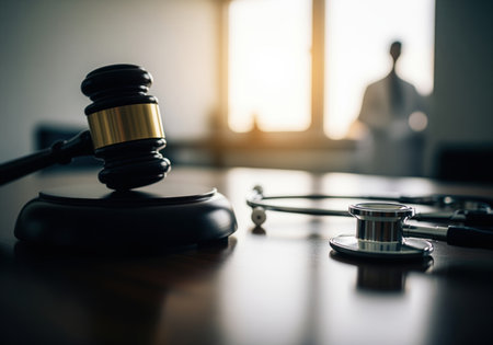 Judicial gavel and stethoscope placed on a reflective dark surface, symbolizing the intersection of law and medicine concerning malpractice, litigation, and healthcare policy.の素材