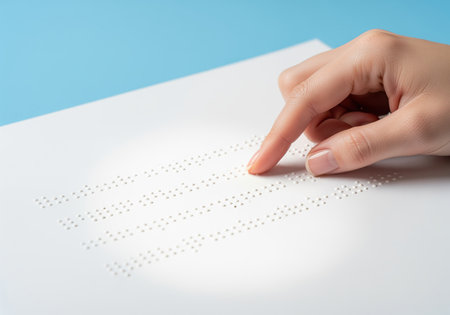Close up of a woman fingers reading the tactile raised dots of the braille alphabet script on a white sheet of paper, symbolizing accessibility, education, and communication for the visually impaired communityの素材