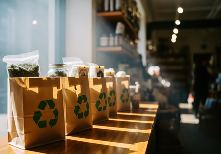 A row of brown paper shopping bags with green recycling symbols are filled with natural products and lined up on a sunlit wooden counter inside a small local business.の素材