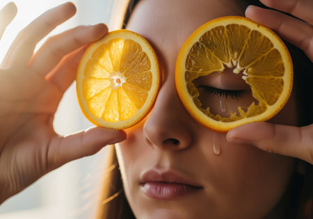 Close up of a woman holding two round slices of orange fruit over her closed eyes, with one slice showing a cutout and a tear drop falling down her cheek in bright sunlight.の素材