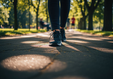 Low angle perspective focusing on the feet of a woman in running shoes walking along a paved path in a city park, with warm sunlight creating shadows on the ground.の素材