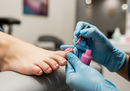 A professional pedicurist wearing protective blue gloves carefully applies bright pink nail polish to the toenails of a woman receiving a relaxing beauty treatment in a clean, modern spa environment.の素材