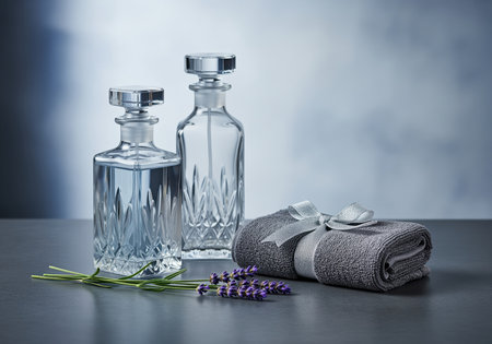 Elegant still life arrangement featuring two crystal glass decanters, a folded grey spa towel tied with a silver ribbon, and fresh lavender sprigs displayed on a dark surface for luxury self care.の素材