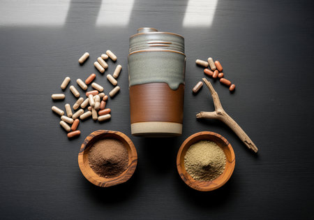 A flat lay composition shows a ceramic travel mug centered between scattered nutritional capsules and two wooden bowls filled with brown and green superfood powders placed on a dark wooden surface with natural light and shadows.の素材
