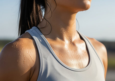 Close up detail shot of a fit woman neck and shoulder glistening with fresh sweat droplets after completing an intense outdoor fitness training session in hot weather.の素材