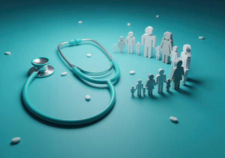 A turquoise stethoscope rests next to stylized white figures representing a family or community, symbolizing comprehensive healthcare, medical coverage, and wellness, scattered with pills.の素材