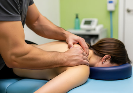 A professional male physiotherapist is massaging the upper back, shoulder, and neck area of a woman patient lying face down on a treatment table in a modern medical clinic setting for rehabilitation and pain management.の素材