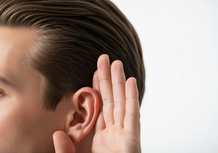 Detailed close up of a man cupping his hand behind his ear, focusing on the human sense of hearing, attention, communication, and the effort required to listen carefully against a bright white background.の素材
