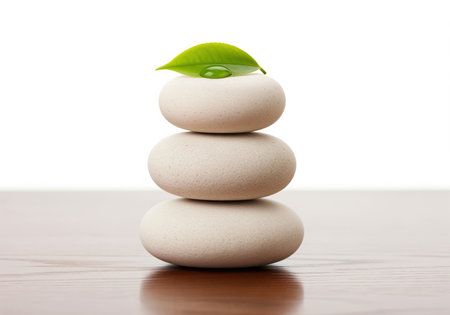 Three smooth white spa stones are perfectly stacked in a zen cairn on a reflective dark wooden surface, topped with a vibrant green leaf holding a single clear water droplet against a clean white background.の素材