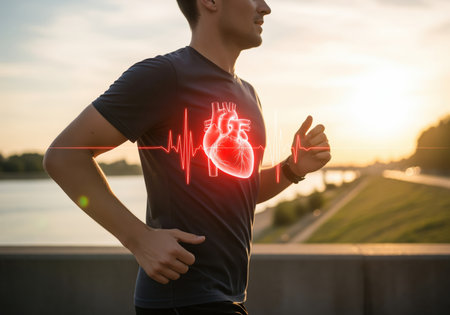A fit male athlete is running outdoors during sunset, featuring a digital overlay of a glowing anatomical human heart and a red ECG line across his chest, symbolizing cardiovascular health and physical fitness.の素材