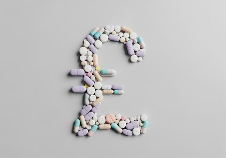 The british pound currency symbol is creatively constructed using a variety of colorful pharmaceutical pills and capsules, illustrating the significant financial burden and high cost associated with medicine and healthcare expenses.の素材