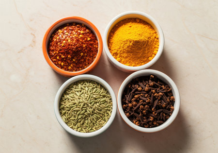 Overhead view of four small bowls filled with diverse aromatic cooking spices including turmeric powder, crushed chili flakes, fennel seeds, and whole cloves resting on a light marble surface.の素材