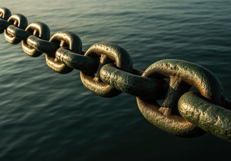 A close up detailed view of heavy duty, thick, weathered metal chain links covered in rust and patina, stretching diagonally above the dark, deep, rippling surface of the ocean water.の素材