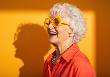A vibrant profile portrait of a happy stylish senior woman with white curly hair, wearing large yellow sunglasses and an orange shirt, laughing brightly against a solid orange background.の素材