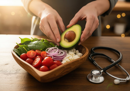 A woman adds a fresh avocado to a wooden bowl of salad with spinach, tomatoes, and onion, with a stethoscope nearby symbolizing a healthy diet and medical wellness.の素材