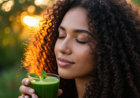 Beautiful young woman with dark curly hair holds a glass of vibrant green detox juice, eyes closed in pleasure while savoring the fresh drink outdoors during the warm golden hour sunset.の素材