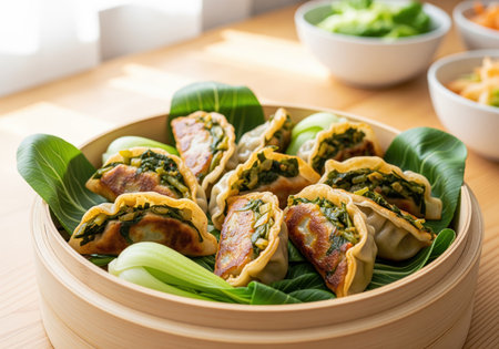 Golden brown pan fried asian dumplings filled with green vegetables are served hot in a traditional wooden bamboo steamer basket lined with fresh bok choy leaves on a wooden table.の素材