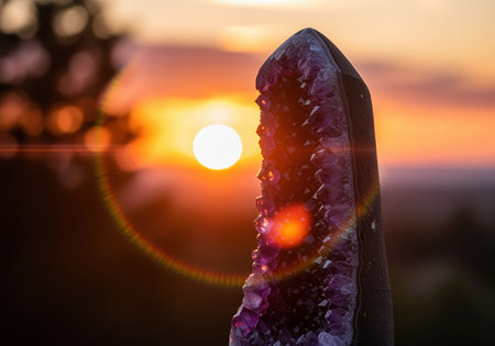 An amethyst healing crystal stands against a beautiful sunset backdrop as the warm sunlight creates a lens flare and illuminates the purple mineral formations inside.の素材