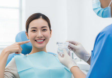 Happy asian woman patient sits in a dental chair pointing to her bright smile while a dentist holds a clear orthodontic aligner model during a routine examination at the clinic.の素材